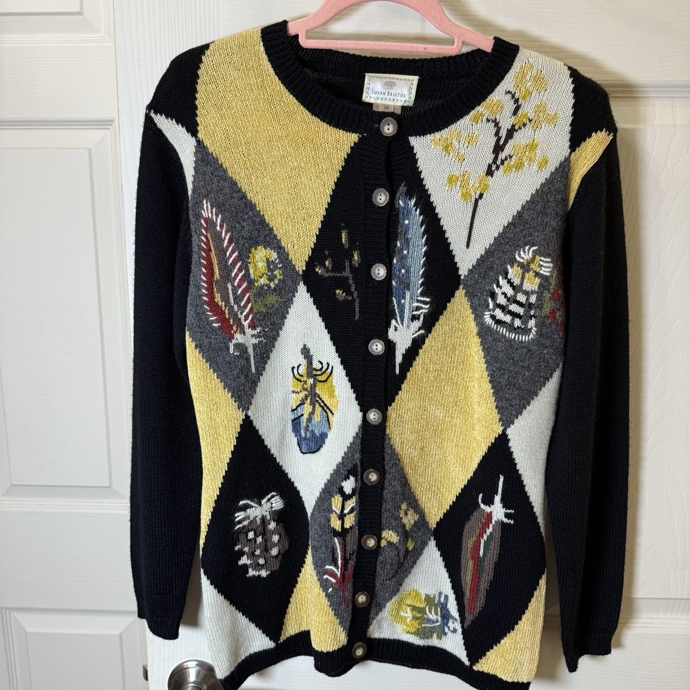 Vintage Susan Bristol Sweater Nature Feathers Bugs Size PP Teacher Cottagecore